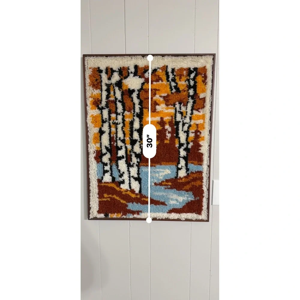 Vintage Latch Hook Rug Wall Hanging Birch Trees Autumn Forest Framed Art 22x30